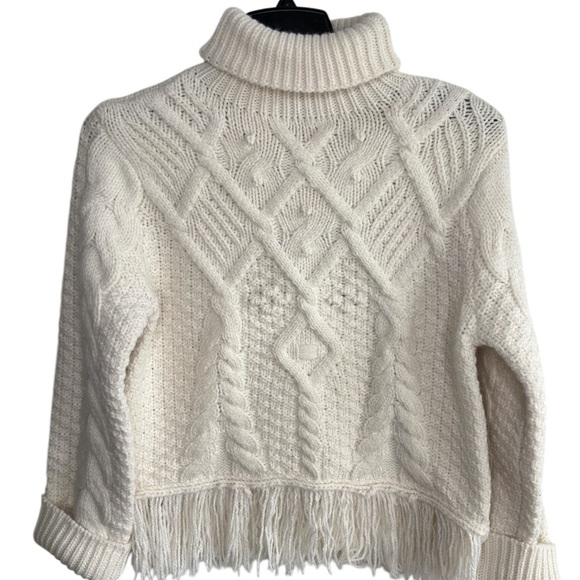 Aqua Fringe Sweater Large Chunky Cowl Neck Ivory Cable Knit Blogger Favorite NEW - Picture 5 of 13